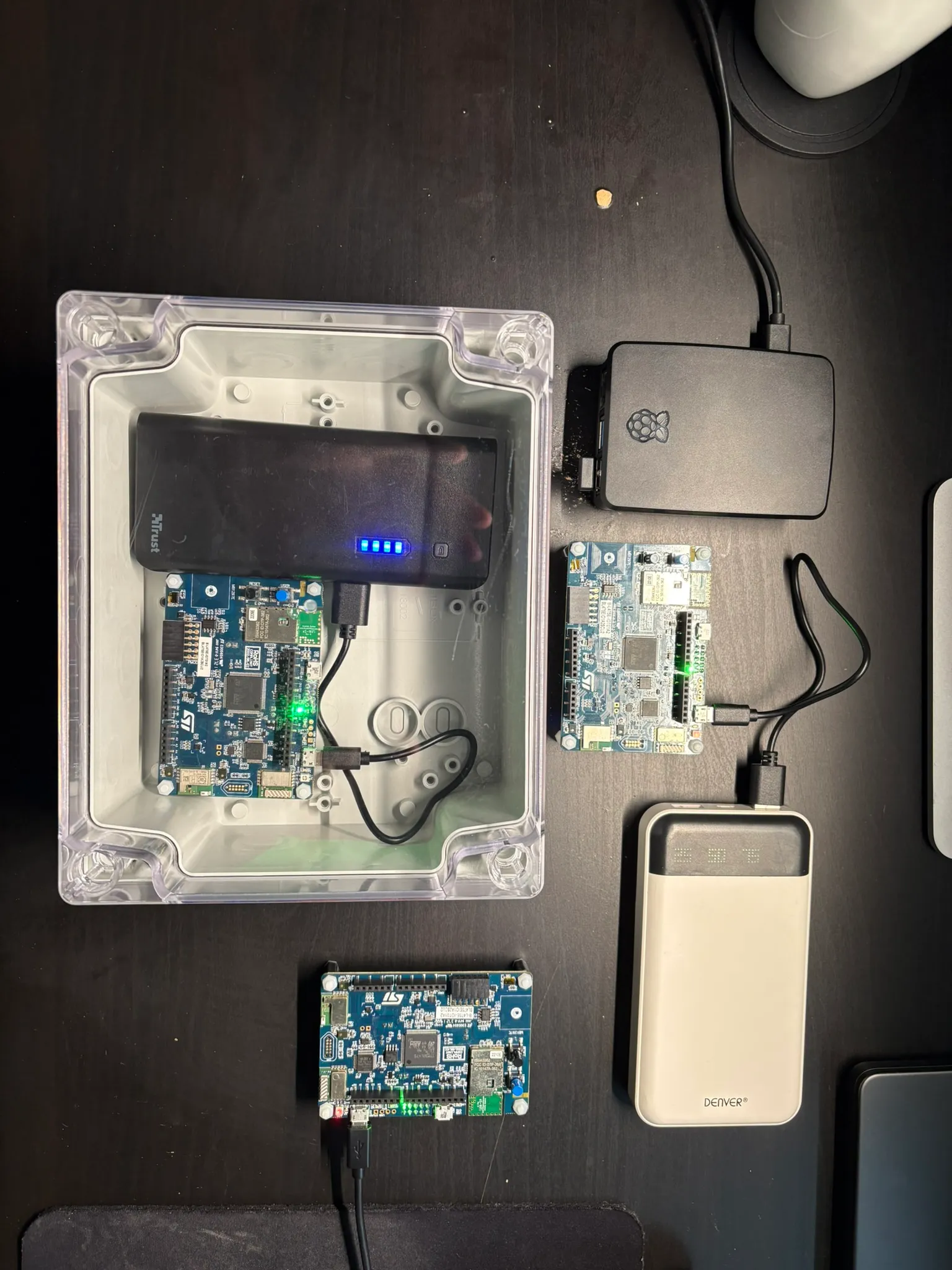 Physical field setup showing Raspberry Pi 5 gateway, power bank, and three STM32 devices