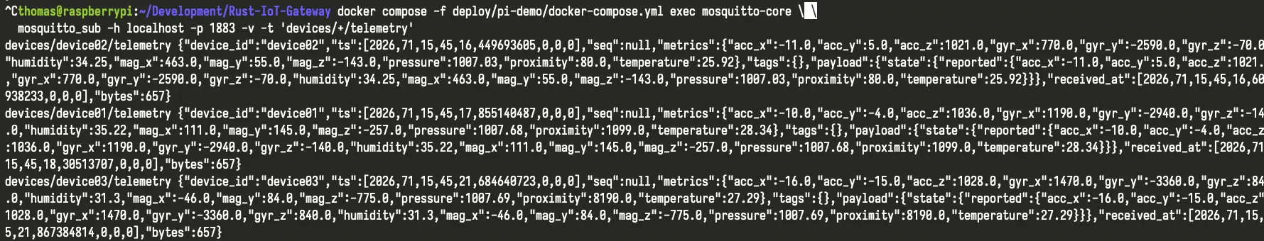Telemetry stream from three devices passing through the Rust gateway over MQTT