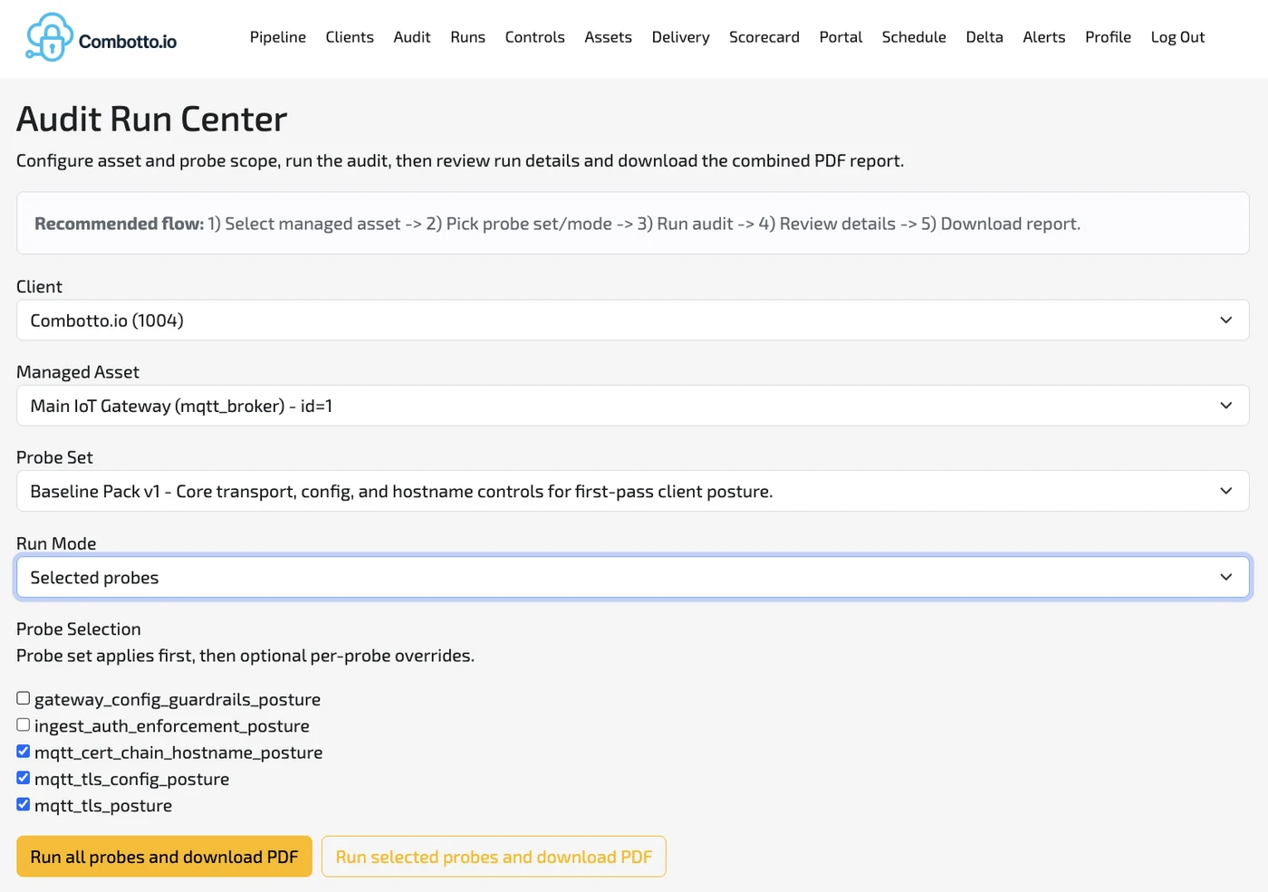 Audit Run Center with probe selection and run actions